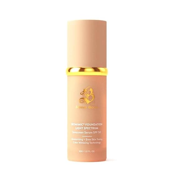 Forever Bloom Bio Mimic Foundation Light Spectrum SPF50 hydrates, conceals and evens tone with a lightweight, anti-aging finish for mature, sensitive skinperfect for gym, sports or dance