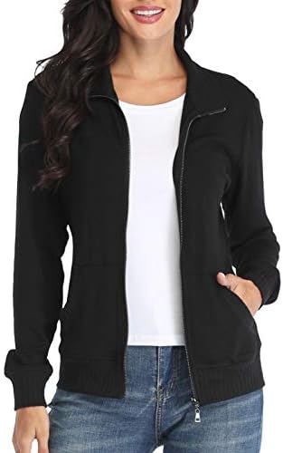 Women's Zip up Sweatshirt Jacket Stand Collar Hoodless Running Sweatshirt with Pockets