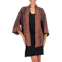 NOVICA Artisan Handmade Batik Kimono Jacket Brown and Black Rayon Short Patterned Indonesia [for Size SM 26.5in L x 44in W x 23in Sleeve Center Neck to Cuff for Size LXL 26.5in L x 50in W x 25.5in
