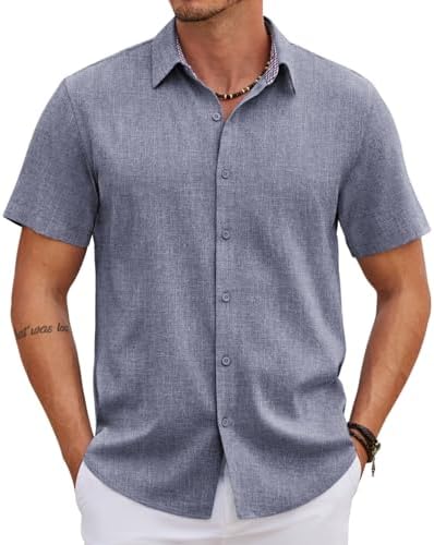 COOFANDY Mens Linen Shirt Casual Short Sleeve Button Down Shirts Summer Beach Vacation Tops