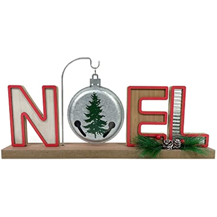 NOEL Christmas Block Christmas Tree Table Decoration with Bell Wooden Rustic Signs Farmhouse Winter Holiday Decoration for Party 14.2 x 7.2 inch