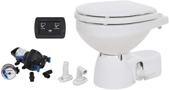 Jabsco 38245-3092 Quiet Flush E2 Electric Marine Toilet - Touch Sensor Flush Panel, Eco Water-Saving Flush, Rotatable Base, Easy Install & Service Head, Raw Water w/Rinse Pump, Compact Bowl, 12 Volt