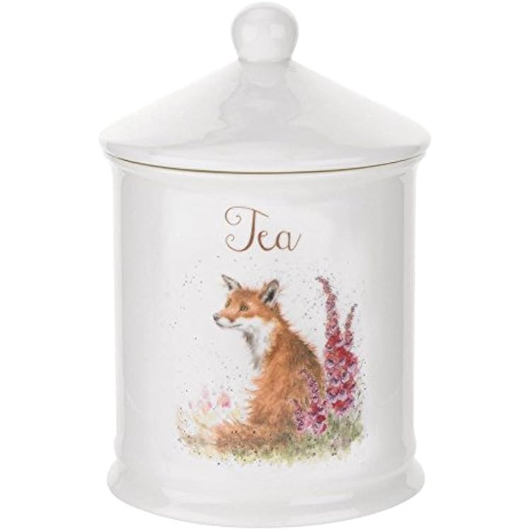 Portmeirion Royal Worcester Wrendale Designs Tea Canister, Fox Illustration - 6.1-Inch Decorative Countertop Container with Lid - Bone China, Farmhouse Kitchen Storage for Rustic Country Decor