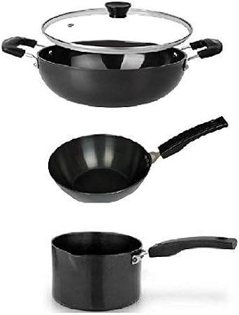 ROYAL SAPPHIRE Hard Anodized Non Stick Cookware Set - Deep Fry Pan, kadhai (with lid) and Sauce pan, Black