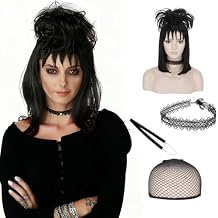 Benehair Lydia Deetz Wig for Women, Black Ghost Bride Costume Wig for Cosplay Halloween Party, Black Wig With Bun