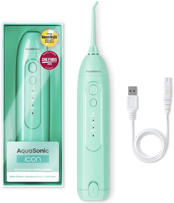 AquaSonic Icon Water Flosser for Teeth Cordless Rechargeable Oral Irrigator Waterproof, Portable Dental Cleaning with Jet Tip Braces Home Travel - Mint