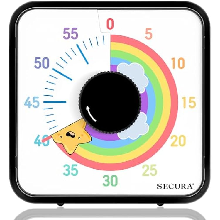 Secura 60-Minute Visual Timer, 7.5 Inch Magnetic Rainbow Countdown Timer for Classroom or Kitchen, Durable Mechanical Timer Clock with Magnetic Backing Black & Star