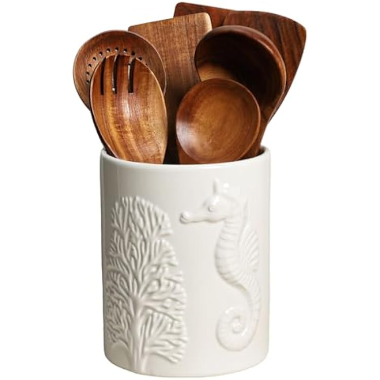 Ceramic White Seahorse Embossed Pattern Kitchen Utensil Holder, Large Cooking Utensil Crocks for Countertop, Ocean Style Utensil Organizer for Spatula and Home
