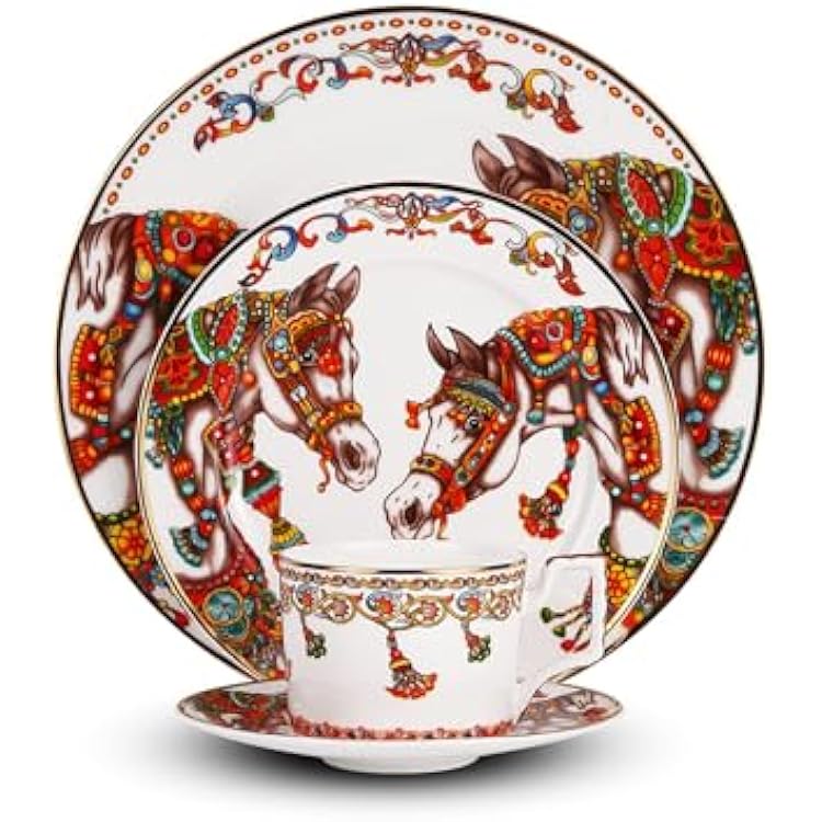 bone china dinnerware set, 8-piece kitchen dish set with dinner plates and cup, red horse pattern dinner plates lightweight, dishwasher safe