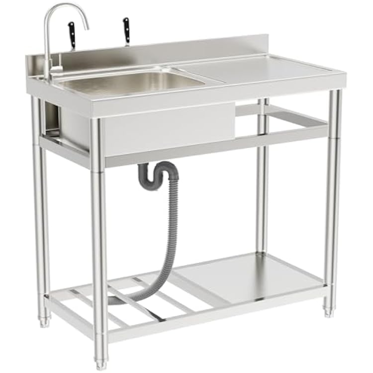 39 inch Stainless Steel Utility Sink, Commercial Kitchen Single Bowl Sink with Cold and Hot Water Faucet, Hoses and Drain Kit, Stainless Utility Sink for Kitchens, Bathrooms Left bowl