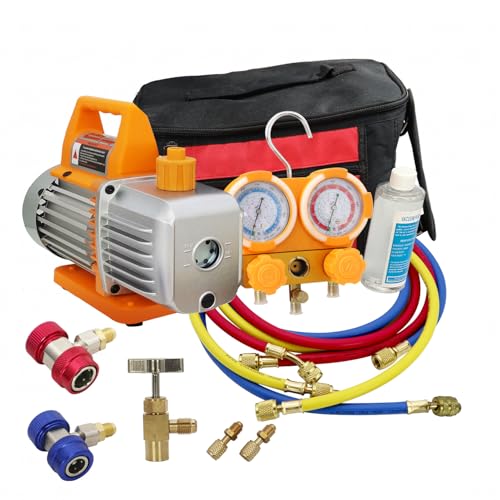 Z 14HP 2CFM Vacuum Pump and Gauge Set, 110V HVAC Manifold Gauge Kit for Automotive AC Repair, Recharge and Evacuation with R134a R410a R22, Carry Bag Included