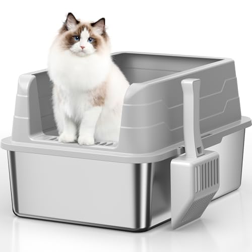 Medium-Size Stainless Steel Cat Litter Box with Lid, Metal Litter Box with High Side, Kitten Litter Box, Indoor Litter Tray Non Sticky, Easy to Clean, Anti-Urine Leakage