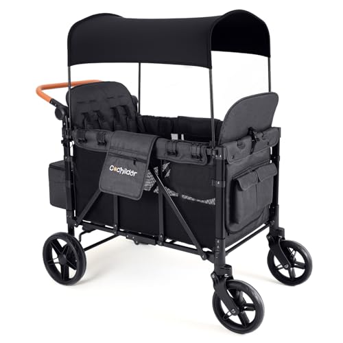 Cochildor Elite 4-Seater Wagon Stroller for 2-4 Kids, One-Hand Fold, High Seats with 5 Point Harness, Adjustable Handle & Canopy, Dark Gray
