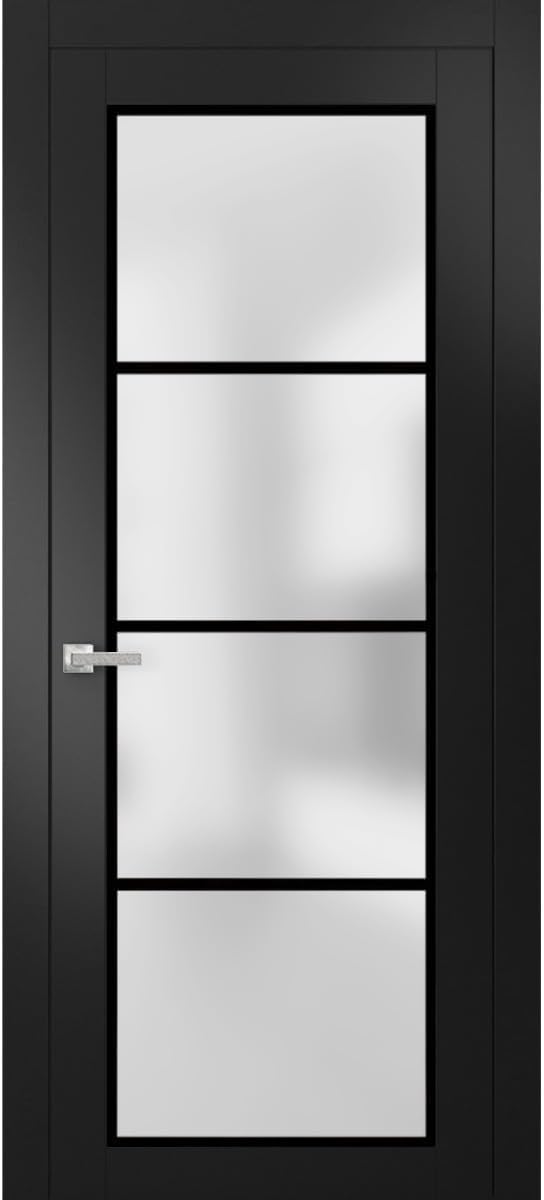 Solid French Pre-Hung Door 24 x 80 inches | Planum 2132 Matte Black Frosted Glass | Single Regular Panel Frame Trims Handle | Bathroom Bedroom Sturdy Doors