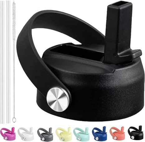 Straw Lid for Hydro Flask Wide Mouth Water Bottle, Top Lid with Straw Fits Hydro Flask 32 40oz Replacement Cap Wide Mouth Straw Flip Lid Flex Handle Dew Black