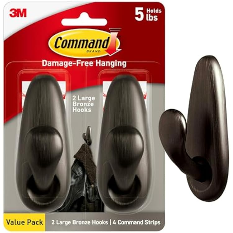 Command 5 lb Large Oil Rubbed Bronze Metal Hooks, 2 Coat Hooks and 4 Strips, Damage-Free Hanging with Adhesive, Forever Classic Great for Hanging Home and Room Decor