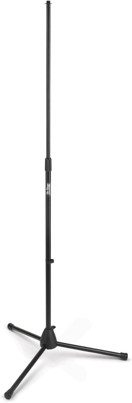 On-Stage MS7700B Tripod-Base Mic Stand (Setup for Vocal and Instrument Microphones, Adjustable Height, 5/8-27 Threading, Portable, Folding, Nonslip Rubber Feet, Cable Clip, Steel, Black) | Adjustable Height. 5/8-27 Threading, Portable, Folding, Nonslip Rubber Feet, Cable Clip, Steel, Black