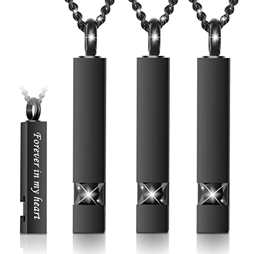3 Pack Urn Necklace for Ashes Memorial Cremation Jewelry for Ashes, CZ Bar Urns Pendant Stainless Steel Urn Locket for Ashes Keepsake Jewelry with Words: Forever in my heart & Funnel Kit & Bag
