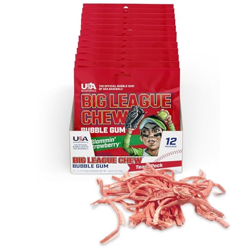 Big League Chew Slammin Strawberry Bubble Gum - Sweet Strawberry Sensation | Perfect for Baseball Games, Teams, Concessions, Parties, and More | Pack of 12 Bags 2.12oz Each