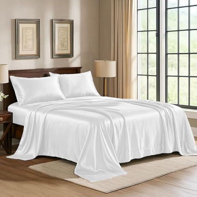 Pure Bedding Satin Sheets Twin [3-Piece, White] Hotel Luxury Silky Bed Sheets - Extra Soft 1800 Microfiber Sheet Set, Wrinkle, Fade, Deep Pocket Fitted Sheet, Flat Sheet, Pillow Cases