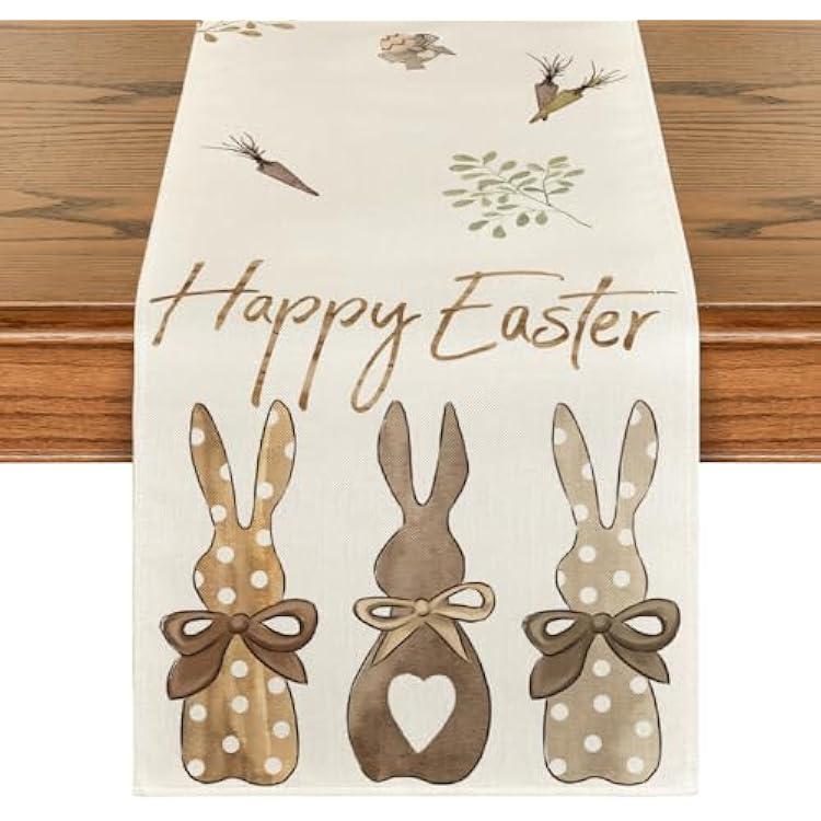 Artoid Mode Carrots Rabbit Bunny Happy Easter Table Runner, Spring Summer Seasonal Holiday Kitchen Dining Table Decoration for Indoor Outdoor Home Party Decor 13 x 72 Inch