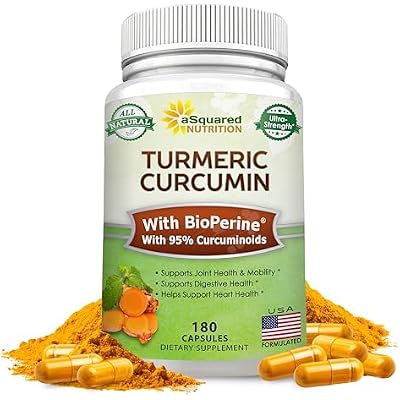 aSquared Nutrition Turmeric Curcumin 1300mg with BioPerine Black Pepper Extract - 180 Capsules - with 95% Curcuminoids, 100% Natural Tumeric Root Powder Supplements, Pure & Joint Stiffness Pills