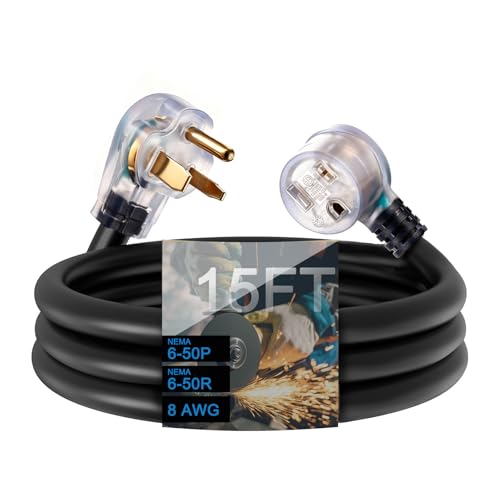 250 Volt Welder Extension Cord 15 Feet, NEMA 6-50 STW 8AWG3C Heavy Duty Industrial Welder Cord with Lighted End, for Hobart, Lincoln, Miller Welder & EV Charger, ETL Listed