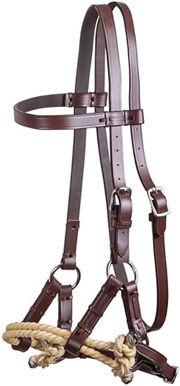 Double S Double Rope Side Pull | Ideal for Sensitive Horses | Double Lariat Rope for Leverage | Grade A Single Ply Leather | Adjustable Cheeks, Curb, and Throatlatch | Classic Browband Design