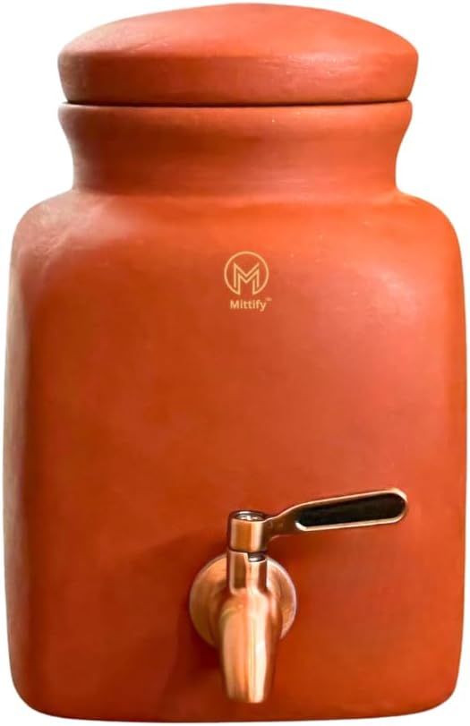 Red Plan Clay Water Earthenware, Natural Cooling Water Dispenser  with Metal Tap and Lid Capcity 3 Liters / 102 Oz