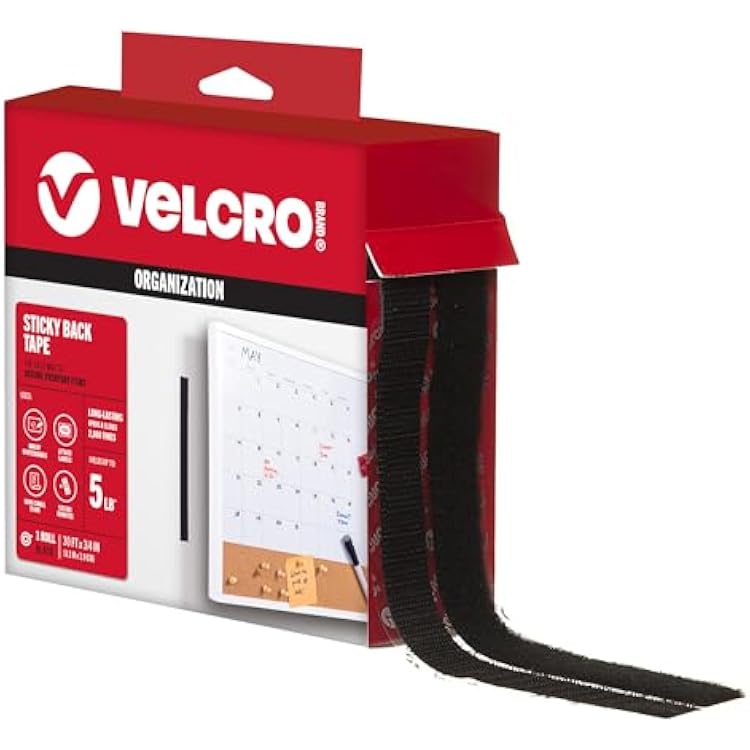 VELCRO Brand 30 ft Sticky Back Hook and Loop Fasteners Peel and Stick Permanent Adhesive Tape Keeps Classrooms, Home, and Offices Organized Cut-to-Length Roll | 34 in Wide | Black, 91137