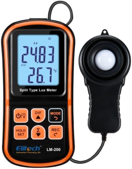 Elitech Digital Light Meter LM-200, Handheld Illuminance Meter with LCD Display, 200,000 Lux Range, Temperature Measurement