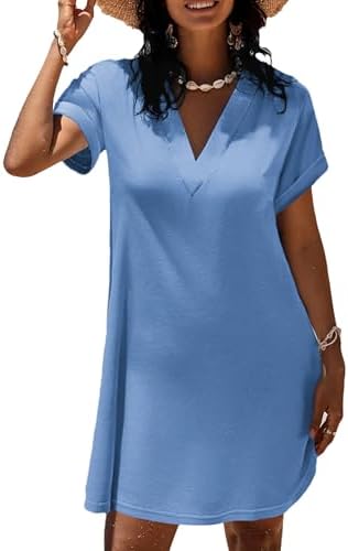 AIMAGE Womens Beach Swimsuit Coverup V Neck Short Sleeve Cover Up Swimwear Bikini T-Shirt Dress with Pockets