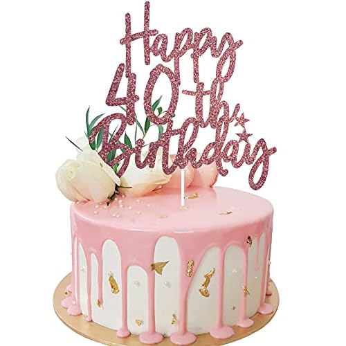 Rose Gold Happy 40th Birthday Cake Topper - Cheers To 40th Birthday Party Glitter Cake Supplies - 40 & Fabulous Birthday Decoration