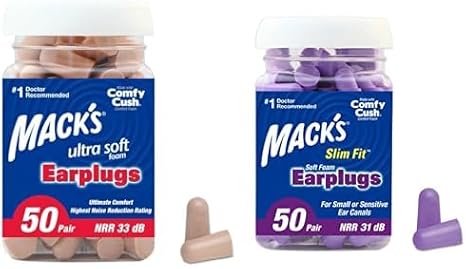 Mack's Slim Fit Soft Foam Earplugs & Ultra Soft Foam Earplugs, 50 Pair - 33dB Highest NRR, Comfortable Ear Plugs for Sleeping, Snoring, Travel, Concerts, Studying, Loud Noise, Work | Made in USA