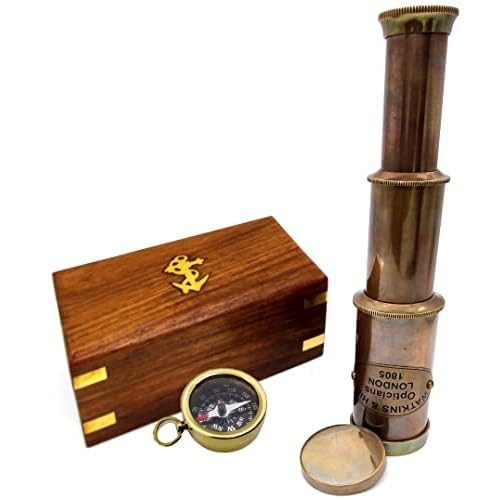 Nautical Brass Spyglass Telescope with Wooden Box, Pirate Collapsible Monocular Decorative Telescope with Glass Optics for Gift Antique Finish