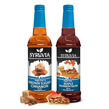 Syruvia Sugar-Free Brown Sugar Cinnamon & Maple Bourbon Pecan Syrup - 25.4 fl oz Premium Coffee Flavoring Syrup. 0 Calories, Kosher & Gluten-Free. Perfect for Drinks, Sodas, Shakes, Desserts & More.