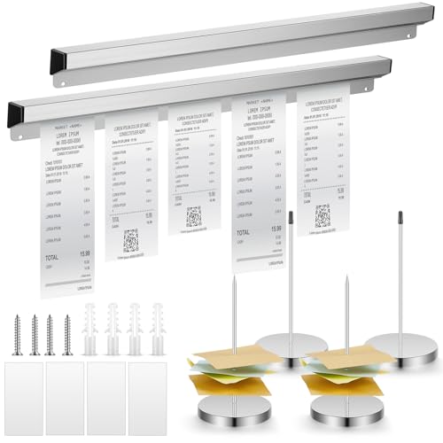 Henoyso 6 Pcs 24 Inch Ticket Holder for Restaurant Set Including 2 Aluminum Slide Check Rack and 4 Receipt Holder Silver Display Rail Spike Bill Orders Check Spindle for Kitchen Office Cafes Bar