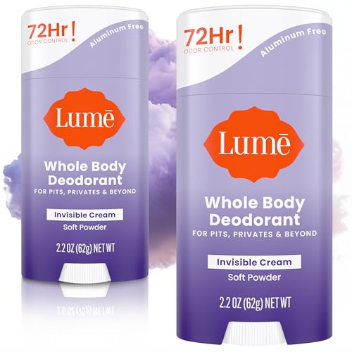 Lume Whole Body Deodorant - Invisible Cream Stick - 72 Hour Odor Control - Aluminum Free, Baking Soda Free, Skin Safe - 2.2 Ounce Pack of 2 Soft Powder