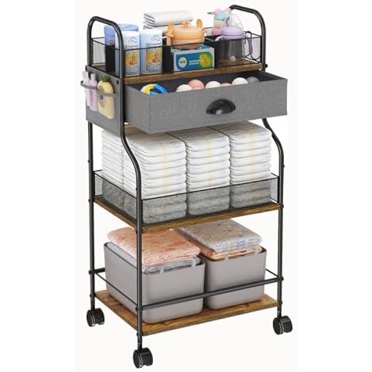 3-Tier Baby Diaper Caddy Cart Organizer with Drawer,Rolling Utility Cart & Bedside Nursery Essential Storage for Newborn Baby Stuff, 21 Divider, Baby Storage Organizer for Bedroom,Changing Table,Grib