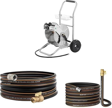 Giraffe Tools Stainless Steel Water Hose Reel Cart, 200 ft of 1/2 Capacity+Water Hose 35ft x 5/8", Female and male Fittings+Water Hose 50ft x 5/8", Male and Female Fittings