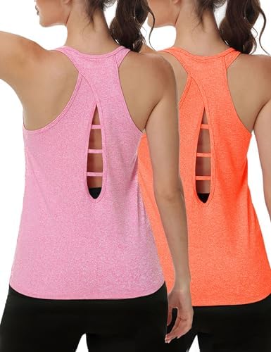 YOYOYOGA Workout Tops for Women Racerback Womens Tank Tops Open Back Sleeveless Yoga Shirts Loose Fit Athletic Running 2 Pack