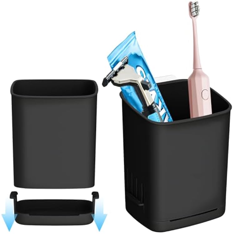 2 Pack Toothbrush Holders with Drain Tray, Wall Mounted Toothbrush Holder for Bathroom, Tooth Brush Holder for Electric Toothbrush Toothpaste Razor, Tableware Holder for Kitchen Black