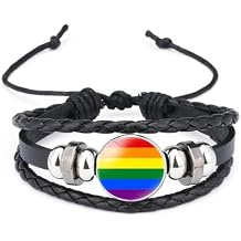 LGBT Rainbow Charm Leather Cuff Bracelets Braided Rope Woven Wrap Gay Pride Wrist Bracelet for Men Women Adjustable, 7-8 inches