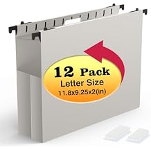 Shutex Extra Capacity Plastic Hanging File Folders,12 Pack Reinforced Expanding Hang Folder Letter Size,Accordian Pocket,Heavy Duty 2 Inch Expansion, Hard Hanging Folder Organizer for Office Home,Grey