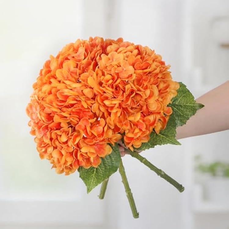 Kmise Hydrangea Artificial Flowers, 22 Real Touch Lifelike Latex Hydrangeas, Large Faux Hydrangea for Home Decor Wedding Bouquets, Orange, 3pcs