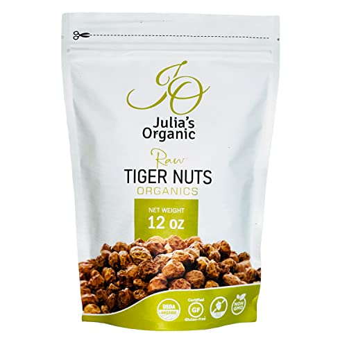 Julias Organic Whole Tiger Nuts Raw Superfood Snack | Non-GMO, Gluten-Free, High Fiber | Prebiotic, Vegan, Paleo, Keto Friendly | Natural Energy Booster | 12 oz Pack