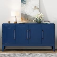 Elegant Four-Door Sideboard Storage Cabinet with Brushed Doors, Fir Veneer and Elegant Handles,Console Table for Living Rooms, Entrance and Study Rooms (01-Navy Blue)
