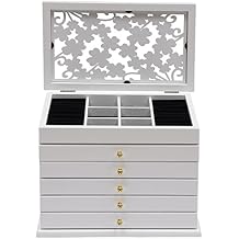 Wooden Jewelry Box for Women, Jewelry Organizer Box with Clover Patterns, 6 Layer with 5 Drawers Jewelry Boxes for Storage Earrings Rings Necklace Bracelet - Modern White