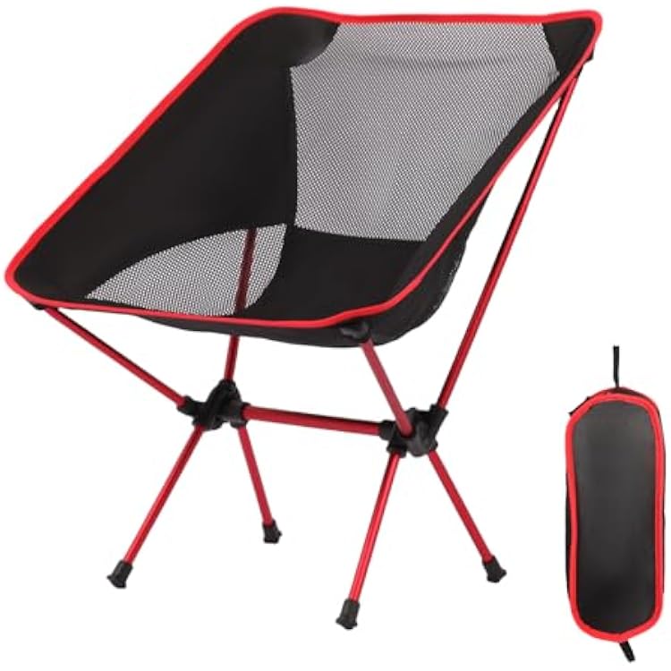 Ultralight Camping Chair, Foldable Portable Camping Chair with Breathable Nylon Mesh, Compact Design & Carry Bag for Hiking, Backpacking, Beach, Concerts Black&red