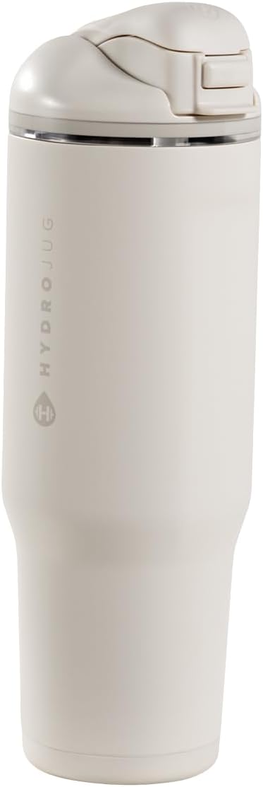 HydroJug Ease2o Water Bottle with Straw & Chug Lid, Stainless Steel, Vented Cap to Help Reduce Pressure, Water-Level Window, Cup Holder Friendly, Non-Slip Base 32oz, Linen